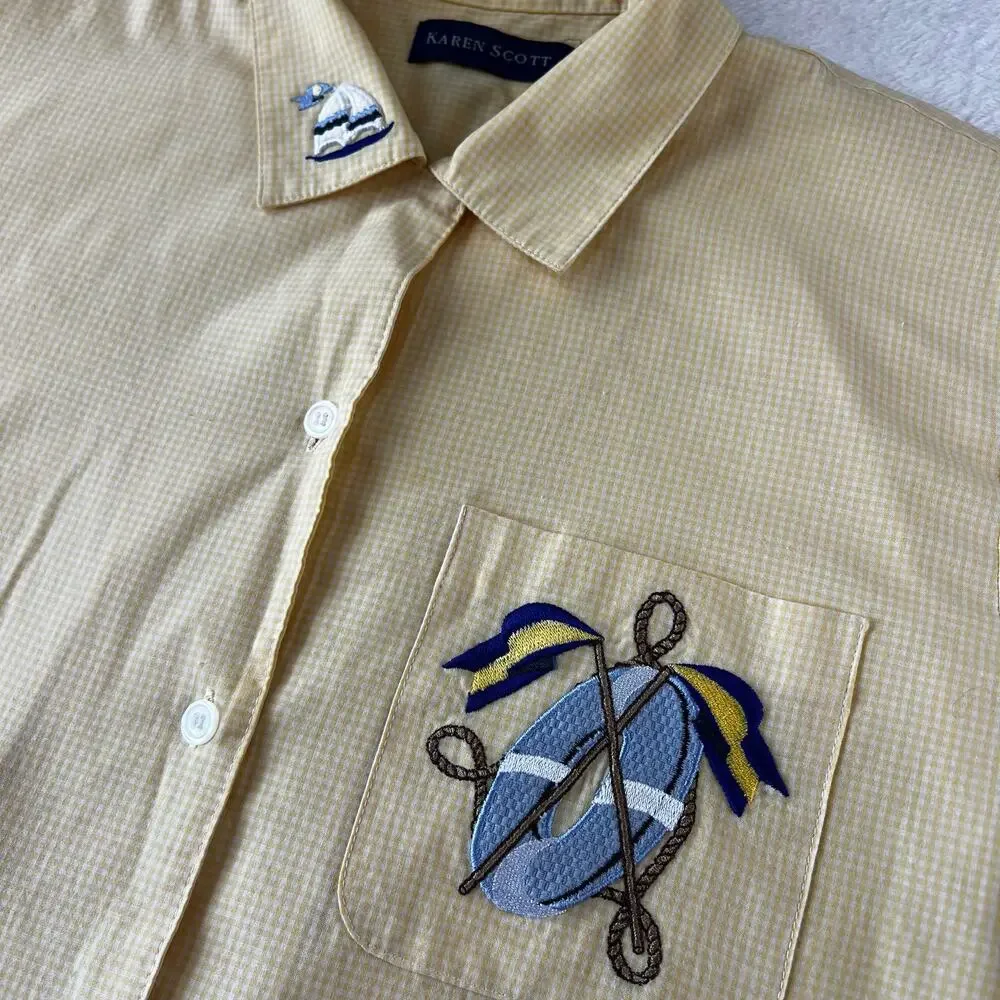Karen Scott Yellow Button Down Blouse Shirt Embroidered Boat Nautical Size Small